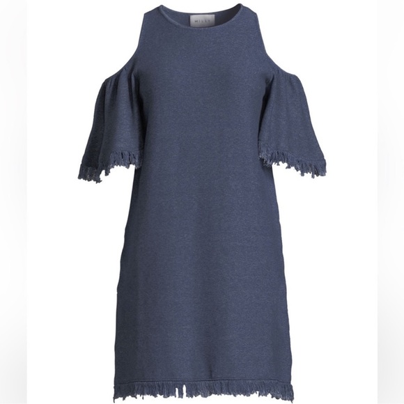 NWT Milly Neiman Marcus Denim-Knit Cold-Shoulder Fringe Dress - Size XS Petite - Picture 5 of 8